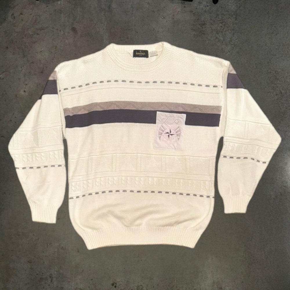 Vintage 90s Sundays Abstract Patch Textured Knit White/Pink/Purple